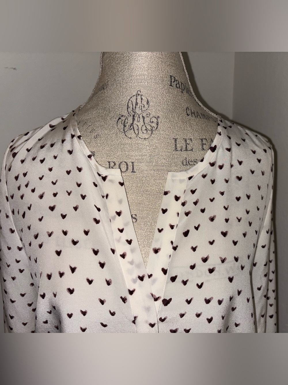 Joie Cream Silk Long Sleeve Blouse with Burgundy Heart Print